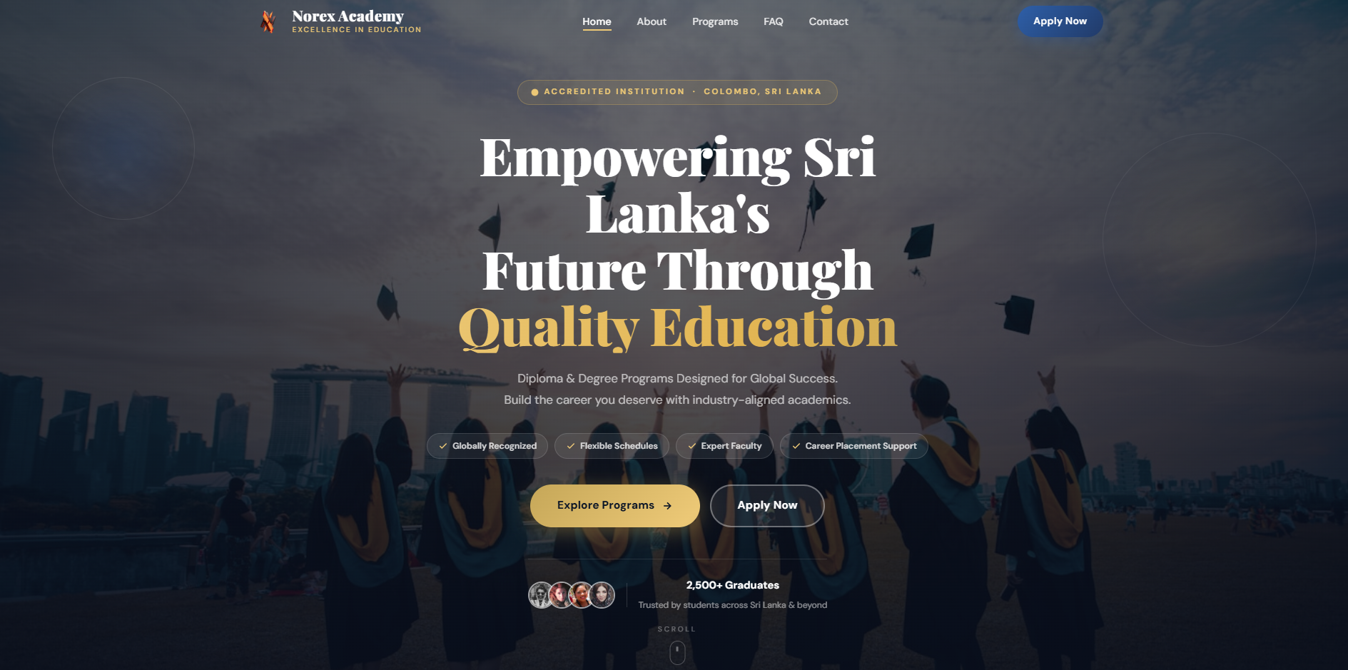 Academy website displaying courses, faculty profiles and contact information